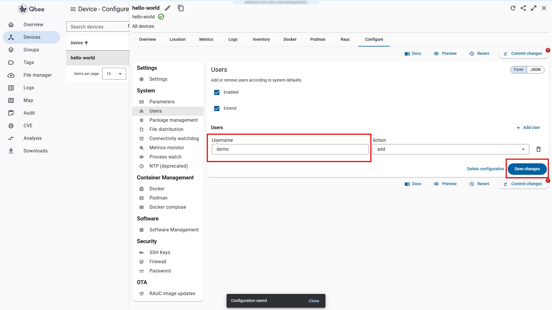 Users section with demo user added