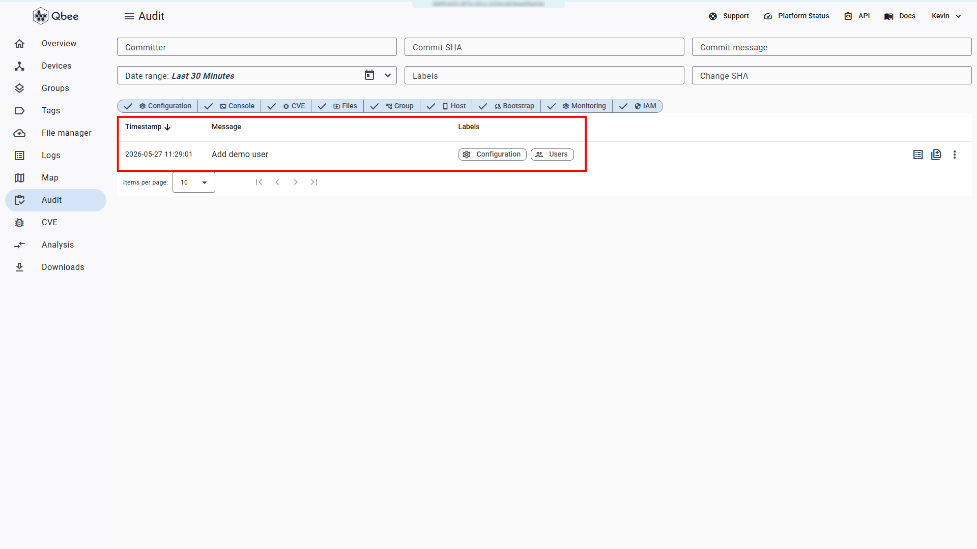 Audit log entry