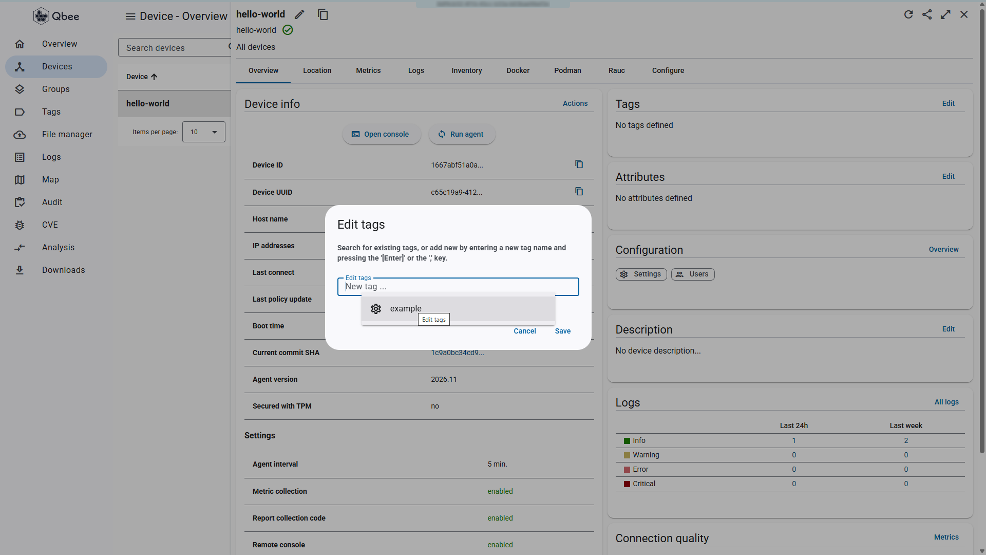 Edit tags dialog with example tag selected