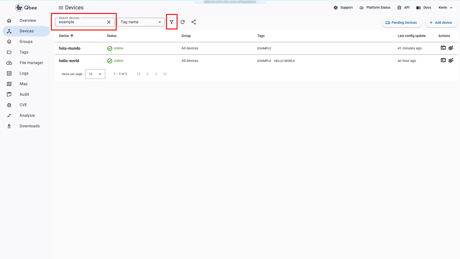 Filtering devices by tag name