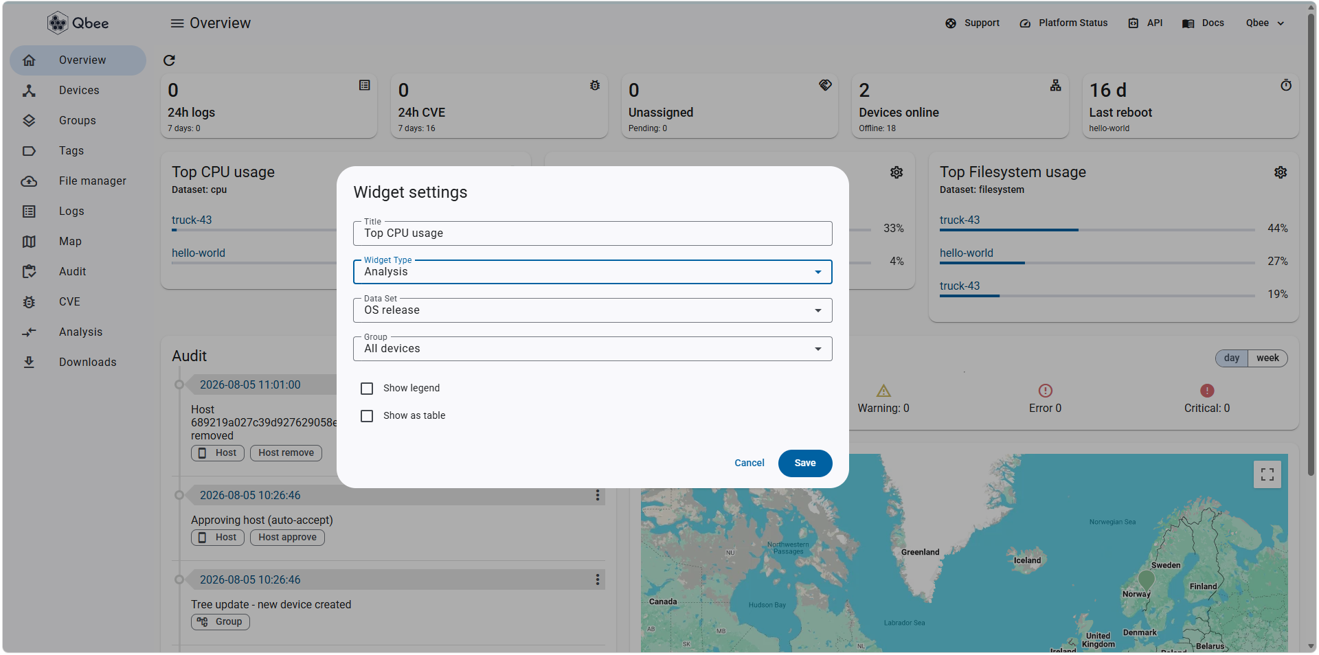 Analysis widget settings