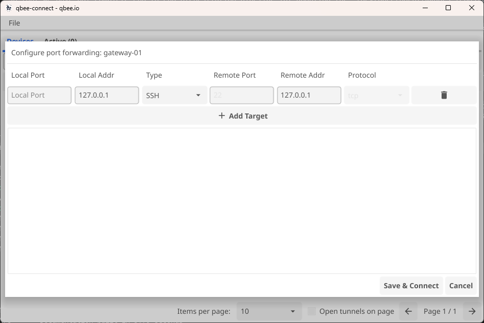 Connection configuration dialog in qbee-connect