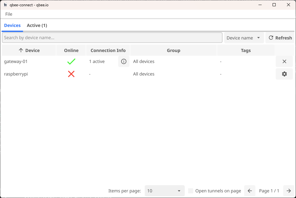 Device table showing active connections