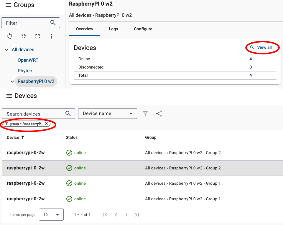 View all devices in groups or in search