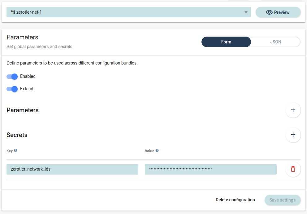 Set configuration parameter for ZeroTier configuration templates